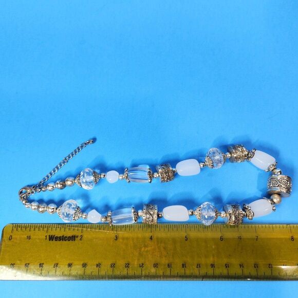 Chunky Bead Necklace Clear White Silver Tone Bali Style Metal Short 16 in. Retro - Picture 6 of 6